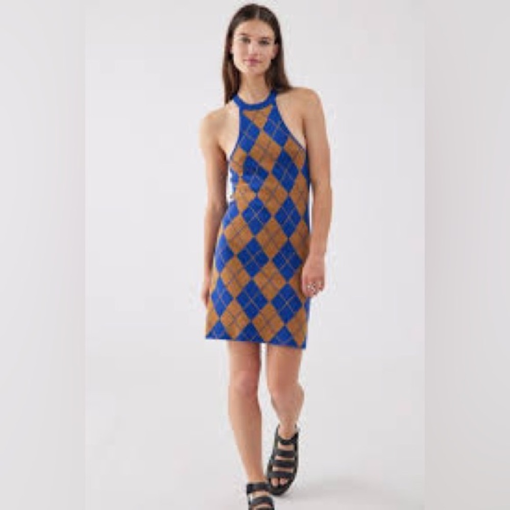 NWT Urban Outfitters Size S Blue Orange Argyle Halter Mini Dress